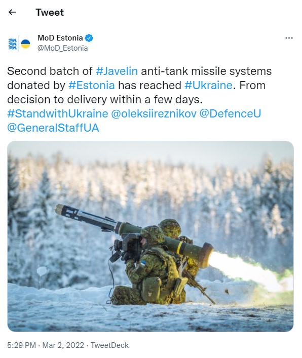 Ukraine received the second batch of Javelin anti-tank systems from Estonia
