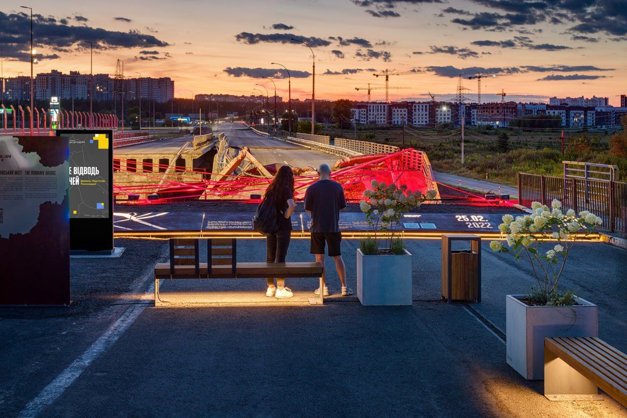 "Road of Life". Light installation on the destroyed bridge in Irpin